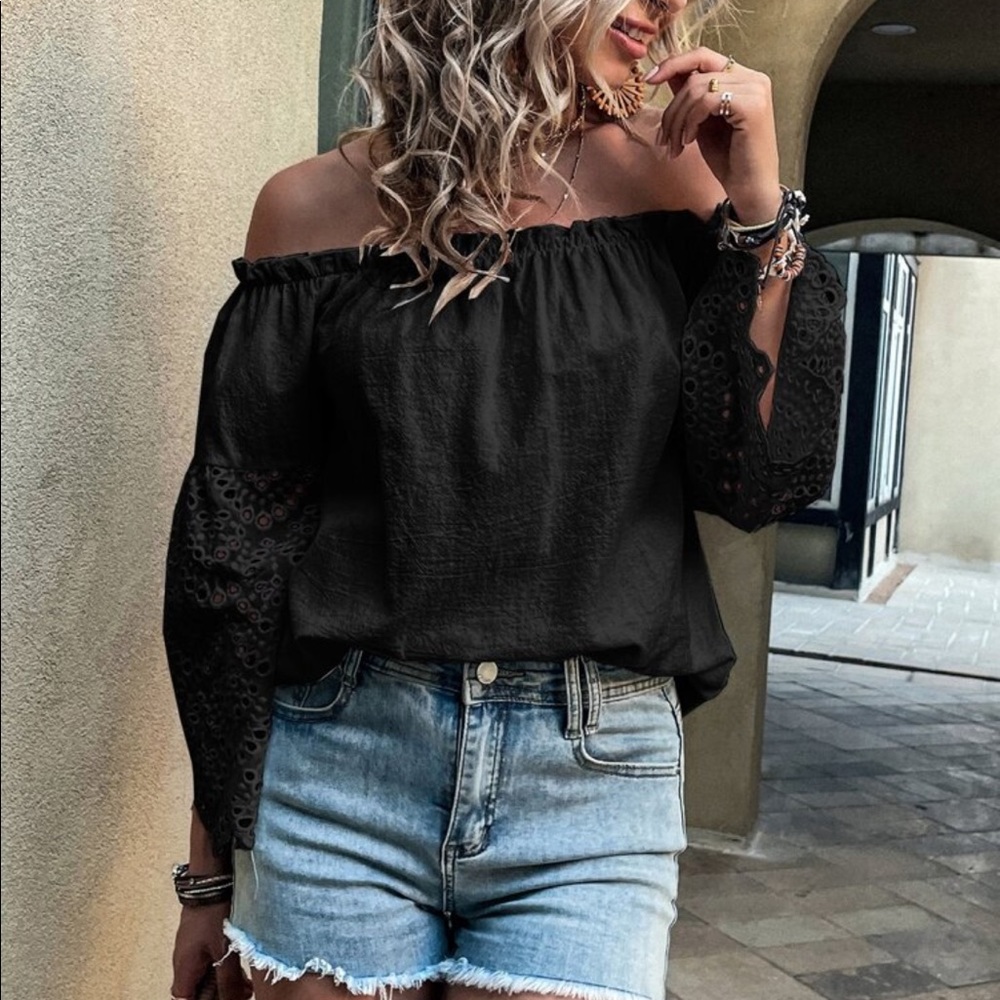 Boho Off Shoulder Eyelet Embroidery Frill Top Blouse White - Picture 11 of 15